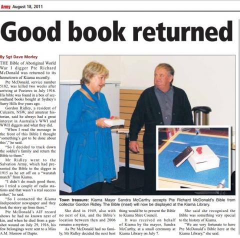 Scan of newspaper clipping titled 'Good book returned'.