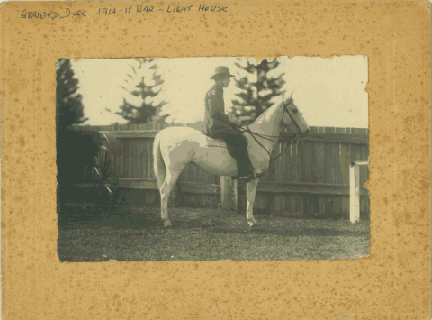 Black and white photograph of Martin Dyer on horseback.