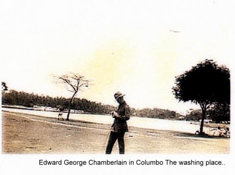 Sepia photograph of Edward George Chamberlain in Columbo, the washing place