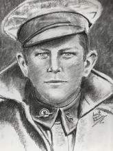 Drawing commissioned by Dan Meehan in 2016. We had no surviving picture of Hugh in uniform - created from a picture of Hugh before the war
