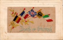 Embroidered postcard depicting the words 'Death or Triumph' with Belgian flag, French flag, Union Jack, yellow flag with black eagle and Italian flag