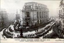 Front of postcard of Victory March through London