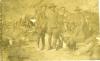 Sepia faded photograph of soldiers in uniform outdoors.